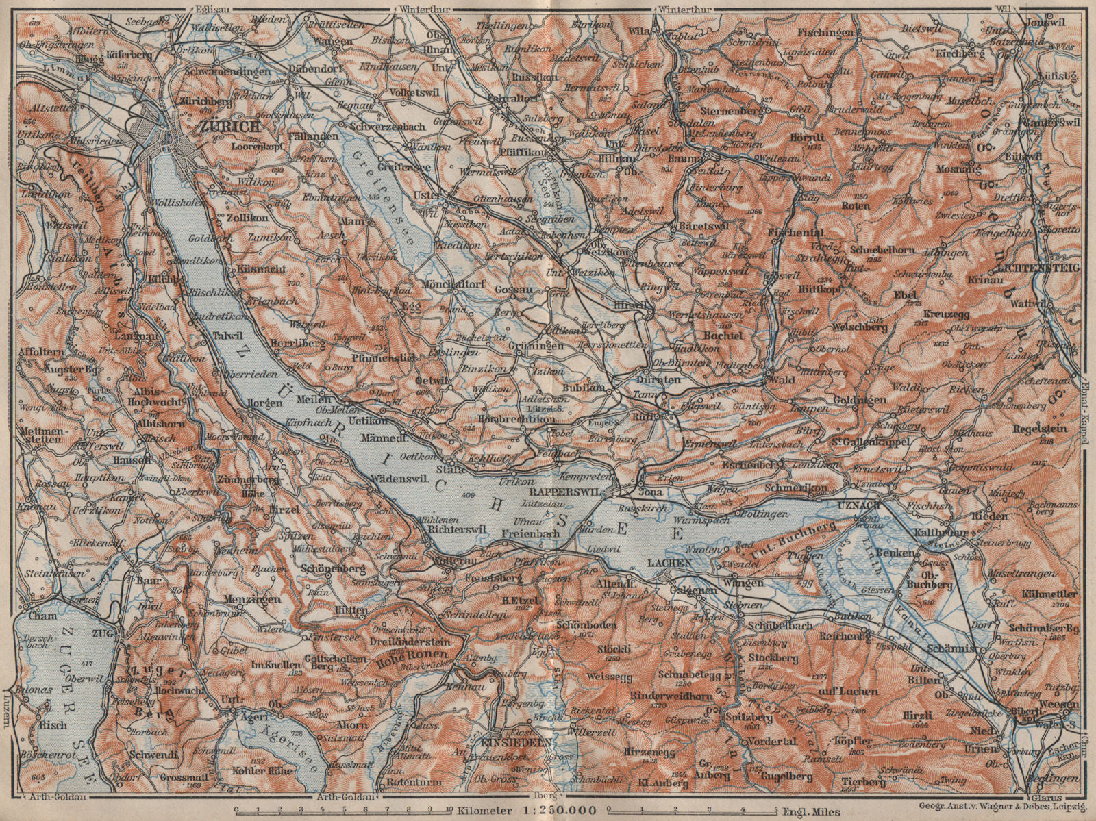 LAKE ZÜRICH. Zuricher See Lachen Utznach.Topo-map. Switzerland Schweiz 1907